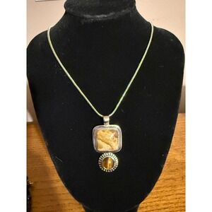 Roman Silver Tone‎ Picture Jasper and Tigers Eye Pendant Snake Chain Necklace